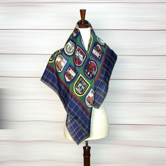 Ellen Tracy Silk Square Scarf Italian Cities Print Blue Green - Picture 5 of 9